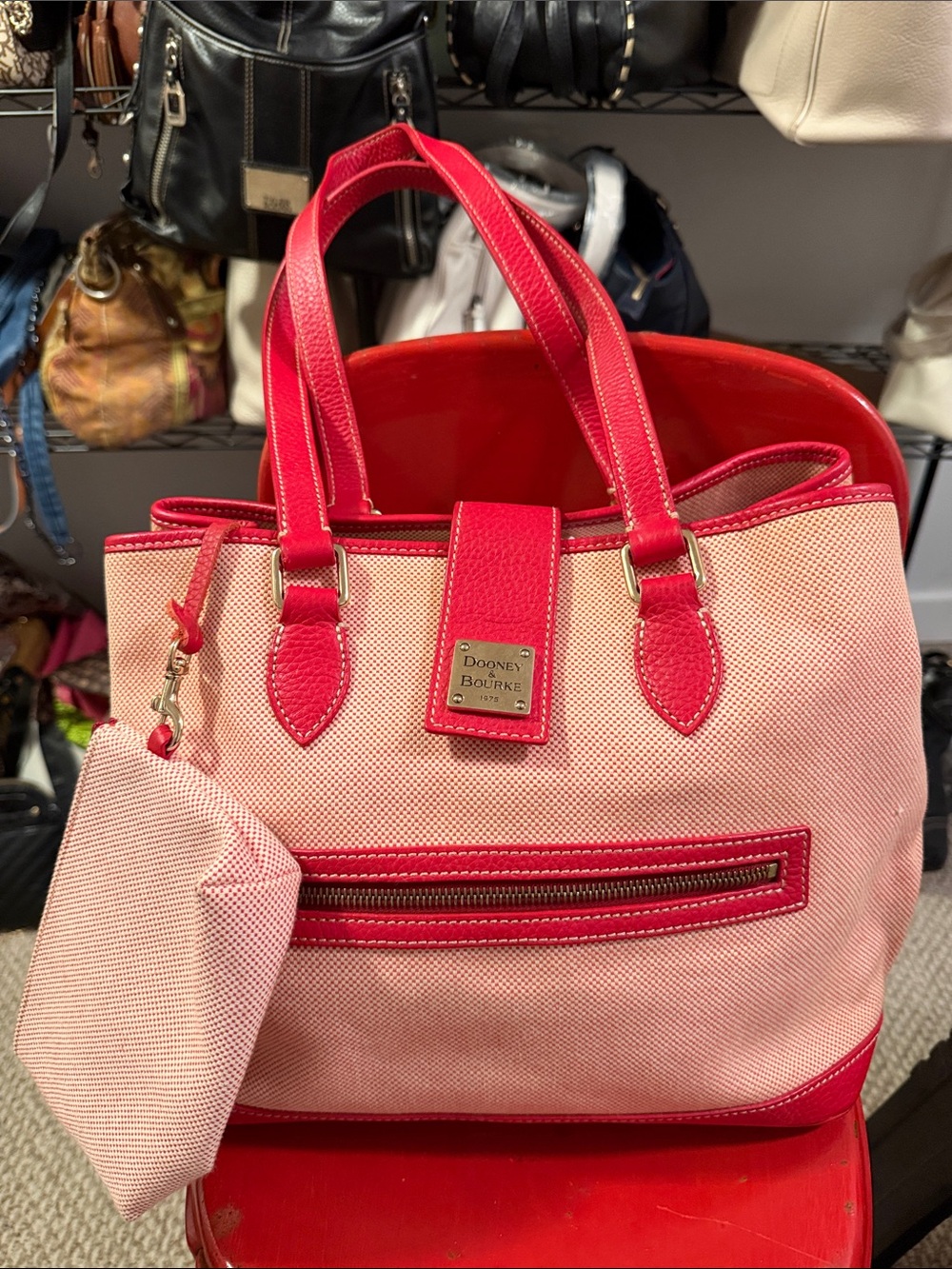Dooney & Bourke Pink Canvas Tote with Red Leather Trim